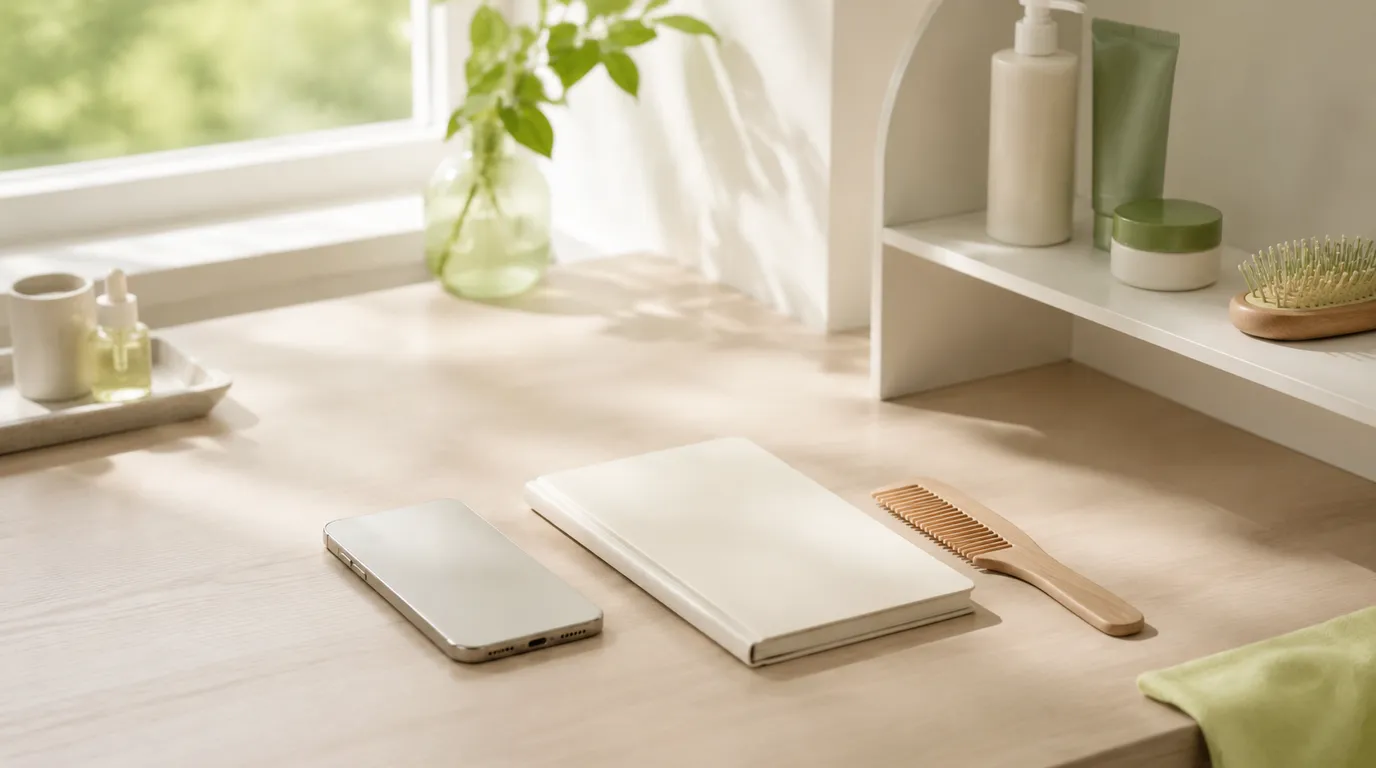A phone and a small notebook on a bright desk in soft daylight — preparing an at-home hair baseline to discuss with a professional, no person
