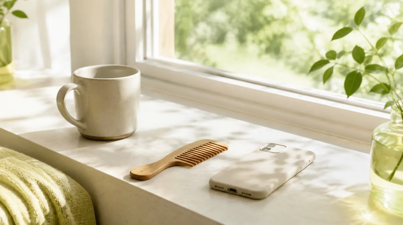A calm still life on a bright windowsill — a mug, a comb and a phone face-down in soft morning light, no person — on stress and shedding
