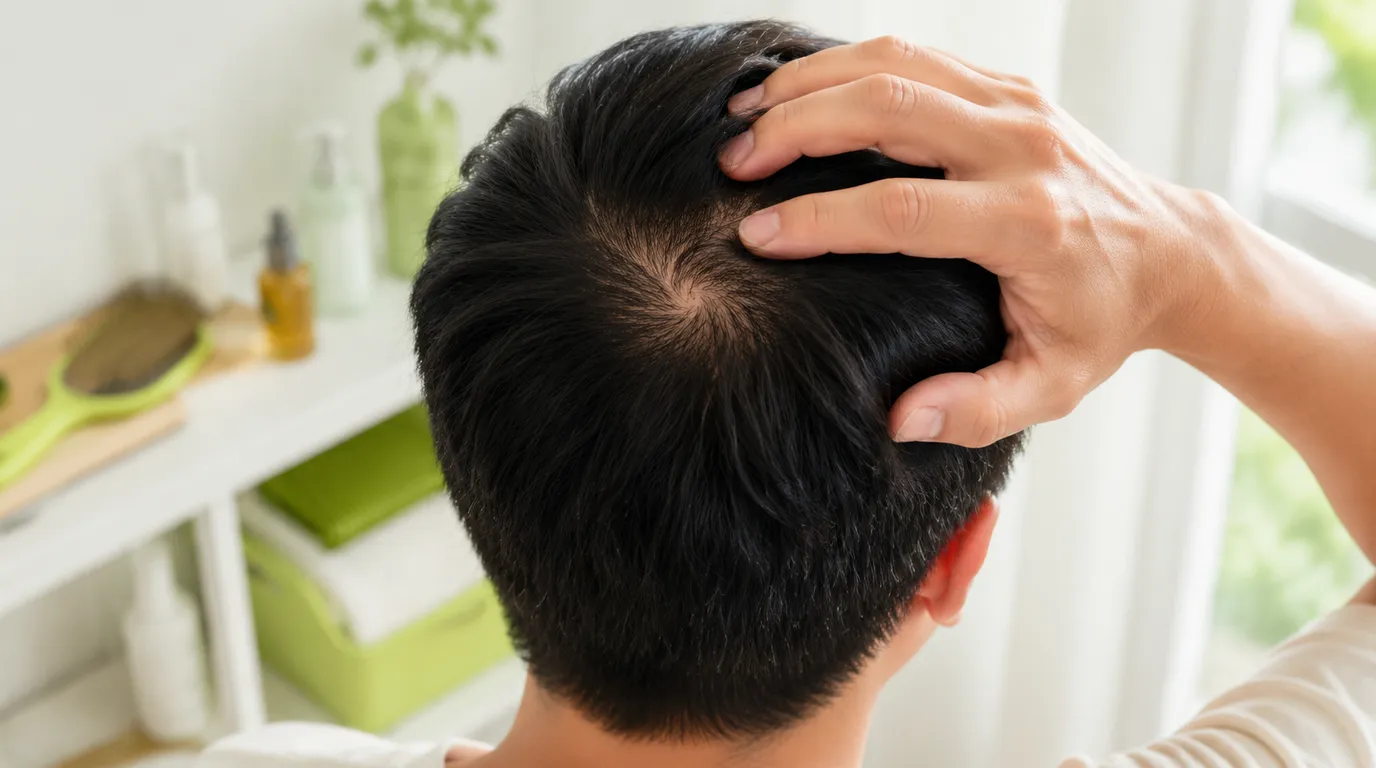 Close-up from behind of a man's hand parting hair at the crown to look at scalp show-through, in soft daylight — no face visible