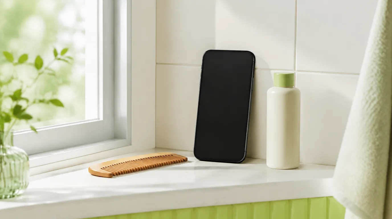 A phone propped on a bright bathroom shelf beside a wooden comb, screen off, in soft daylight — evaluating an at-home hair-analysis app