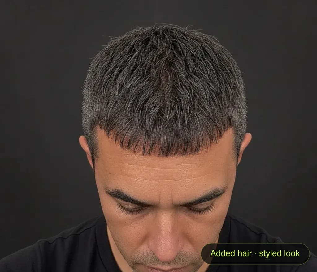 AI-generated French Crop style preview on the same demo photo — simulated, not a real photo
