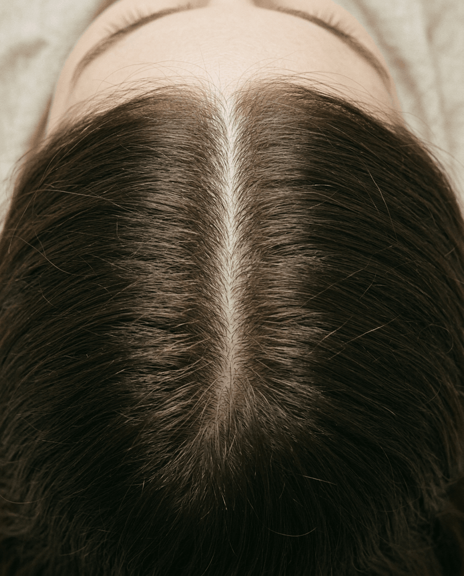 A scalp photo, softly lit, with three AI markers hovering over it