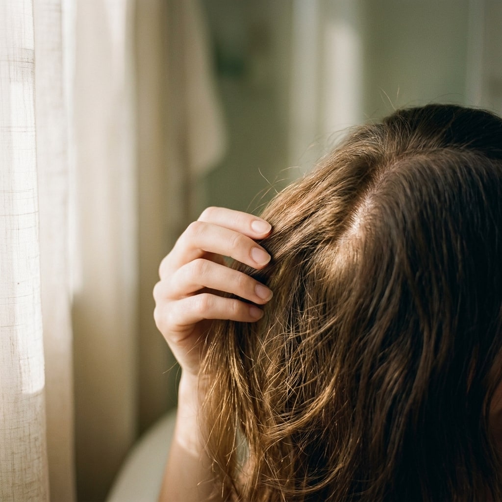 A gentle moment — hand lifting hair in soft natural light