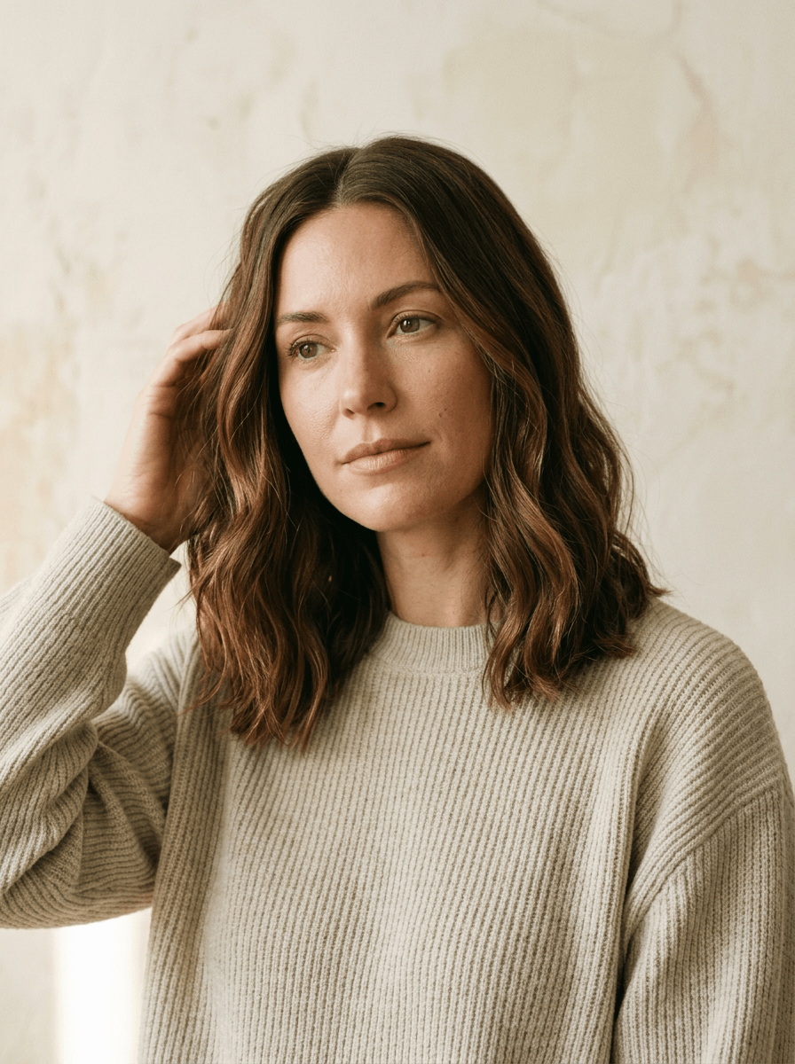 A woman in soft natural light, her hand gently touching her hair