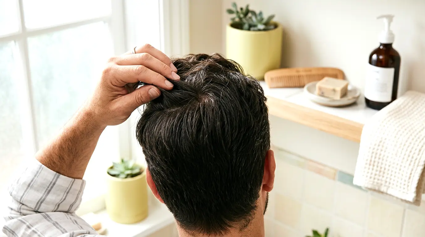 A man leaning toward a bathroom mirror under soft morning light, pushing his hair back to study his hairline — wondering whether it's balding or just maturing