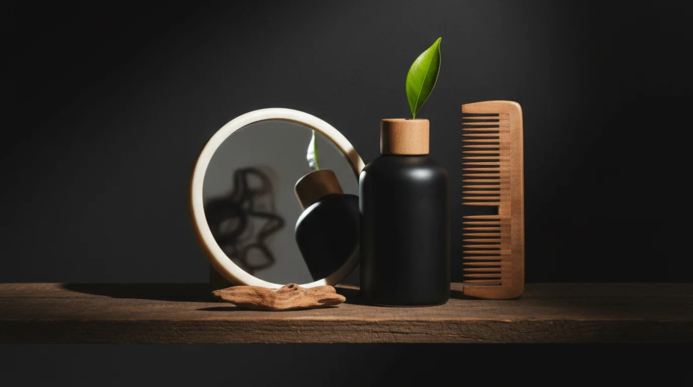 Small round mirror and wooden comb on a dark shelf with a lemon-green accent — checking a hairline silhouette at home, no face