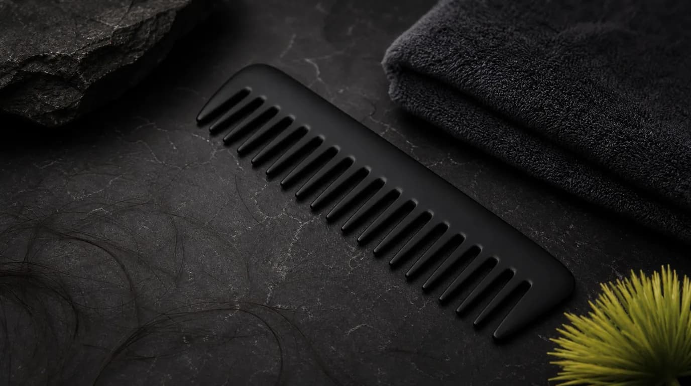 Matte black wide-tooth comb on dark stone beside a few dark hair strands, folded towel, and a small lemon-green plant — no person