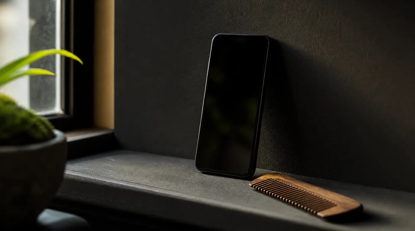 Black smartphone leaning against a dark textured wall beside a wooden comb, with lemon-green foliage in soft window light — no person