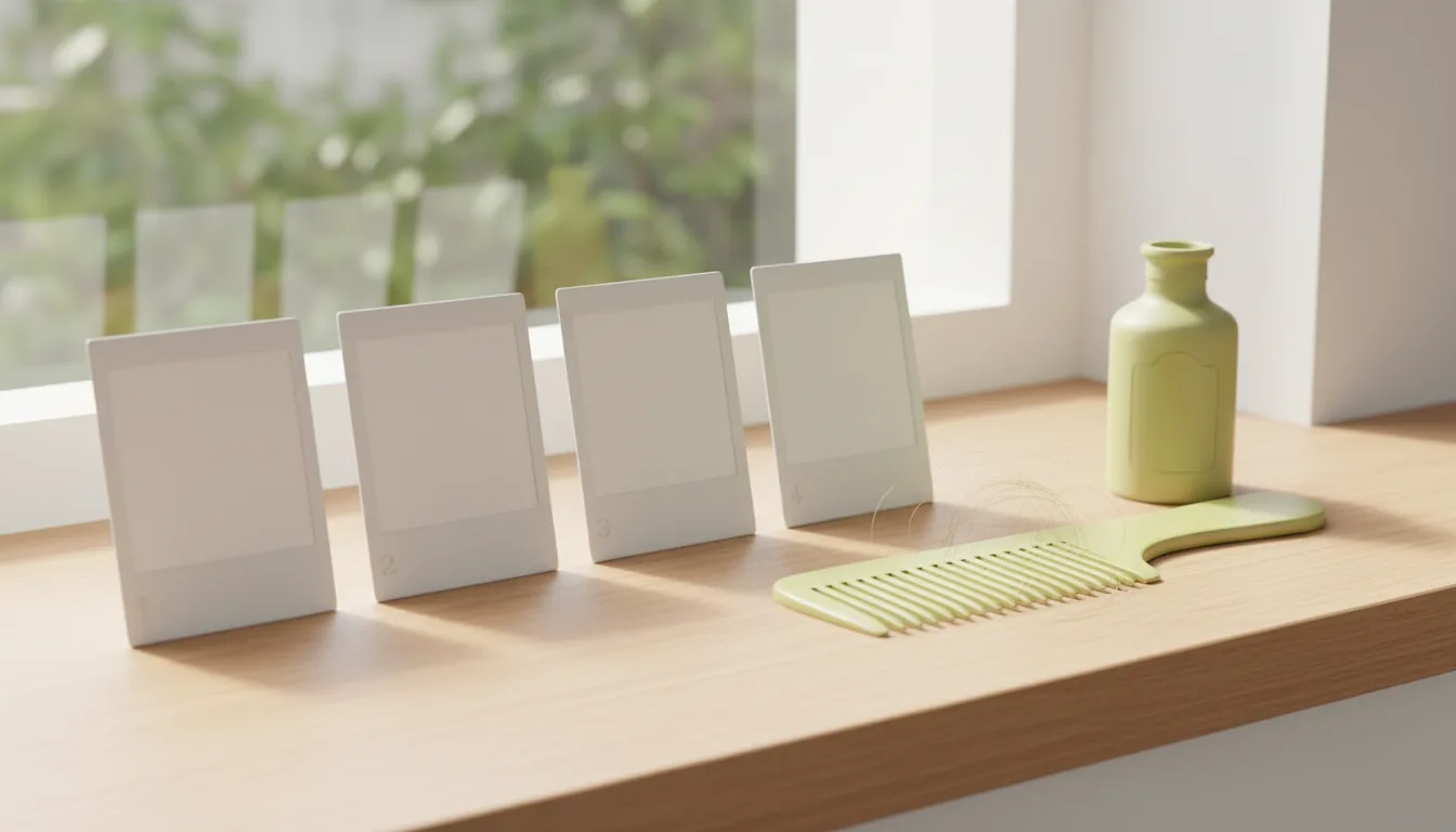 Four blank Polaroid-style frames in a row beside a comb on a bright windowsill — four matching hair photo angles