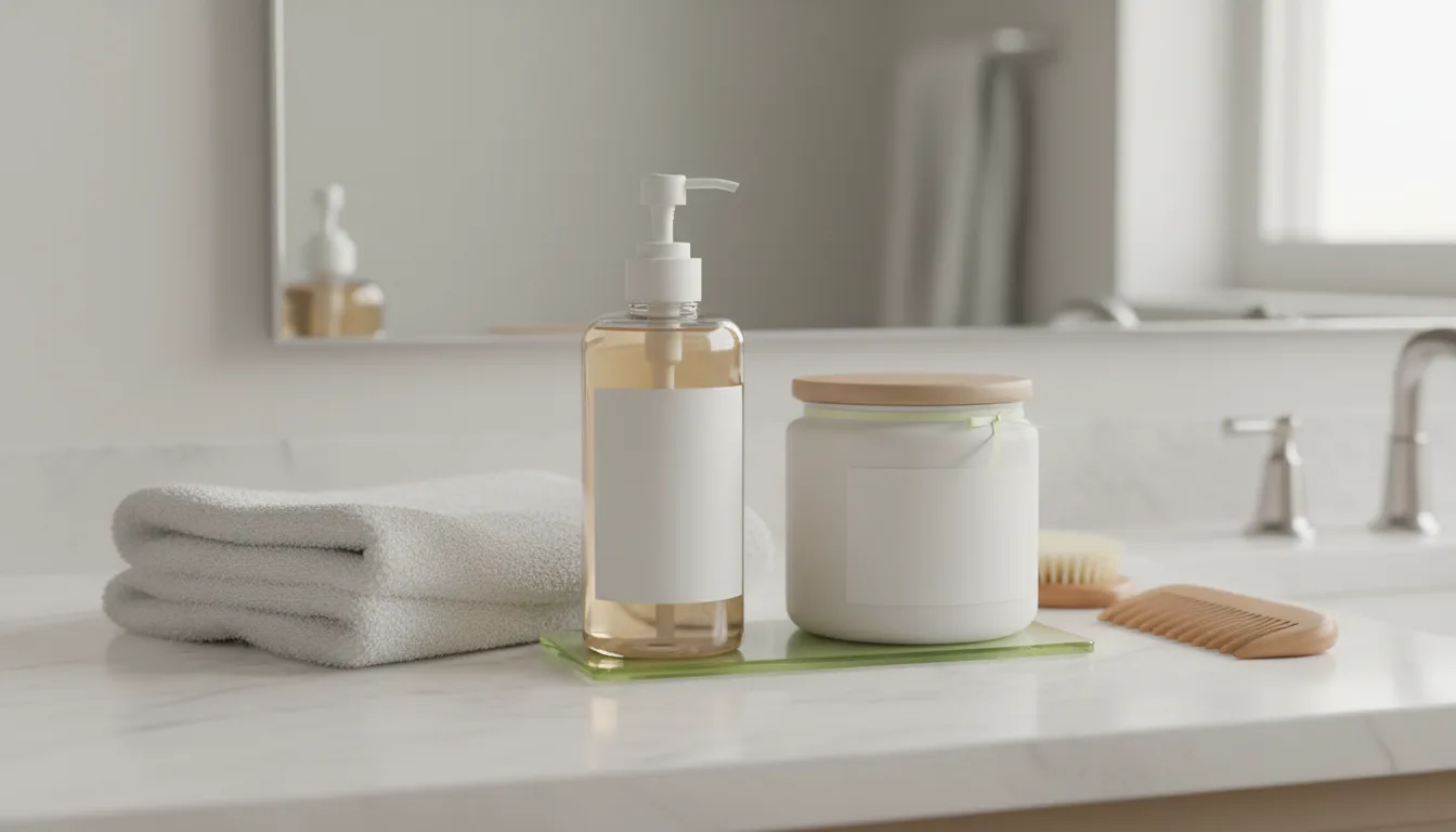 Clear wash bottle and white jar with wooden comb and towel on a marble bathroom counter — scan-day care setup