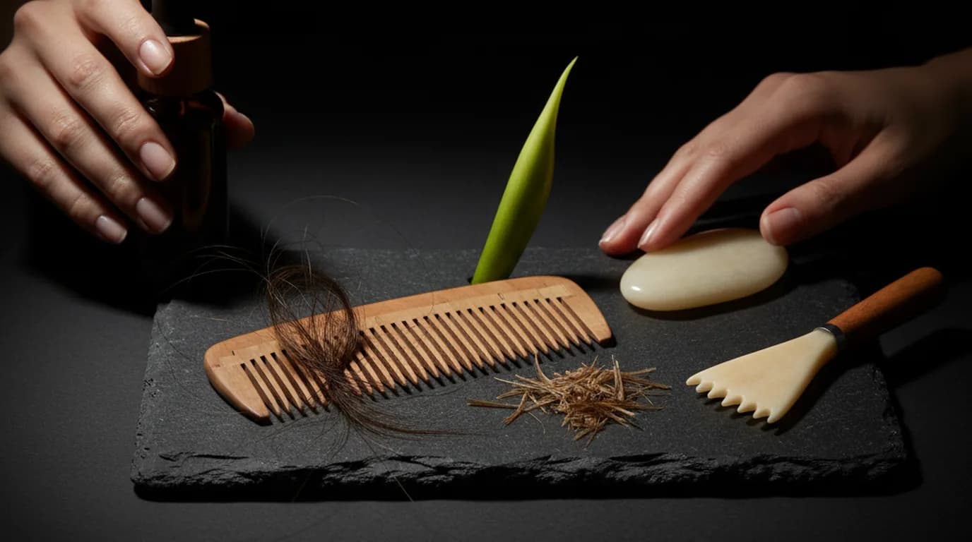 Wooden comb between two different piles of shed hair strands on dark stone — hair loss versus breakage