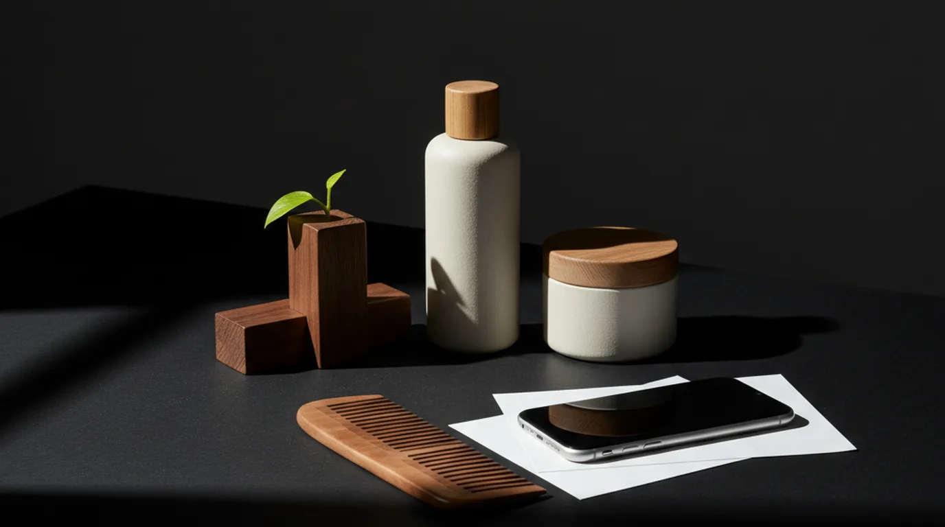 Face-down phone beside a wooden comb and blank photo papers on a near-black desk — preparing a fair online hair photo test, no UI