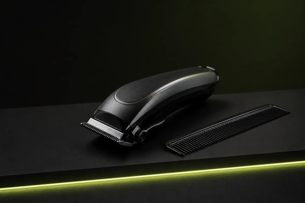 A matte black hair clipper and a black comb on a dark surface, lit by a thin lime-green line of light — no person