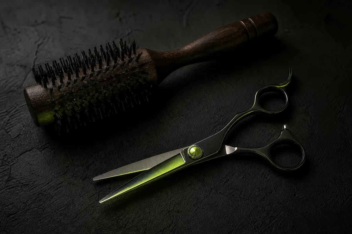 A round wooden styling brush and black barber scissors catching a lime-green glow on a dark textured surface — no person