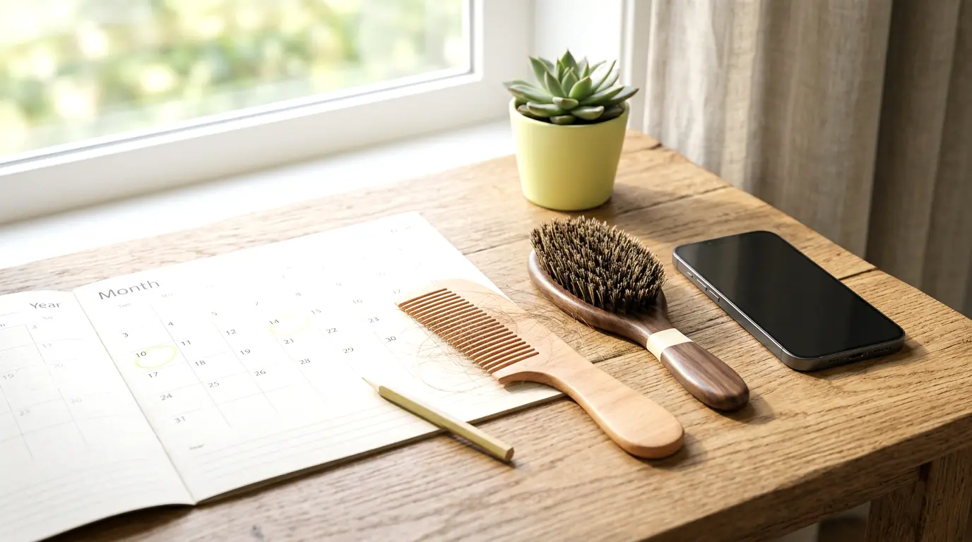 A phone propped on a bathroom shelf beside a wall calendar with a date circled, ready for a scheduled hair check at home — how often to check your hair