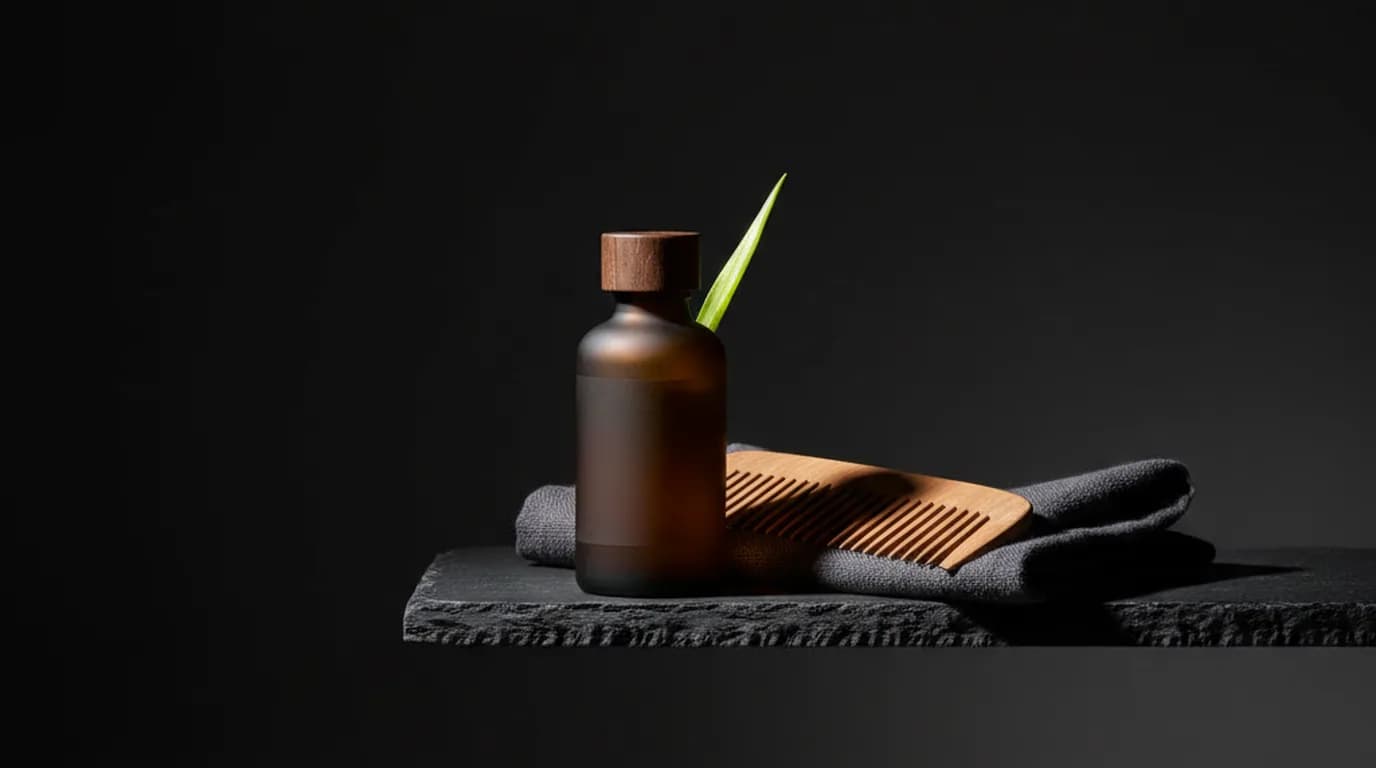Frosted unlabeled bottle and wooden comb on a dark stone ledge with a lemon-green leaf tip — reading a scalp-care label at home, no text visible