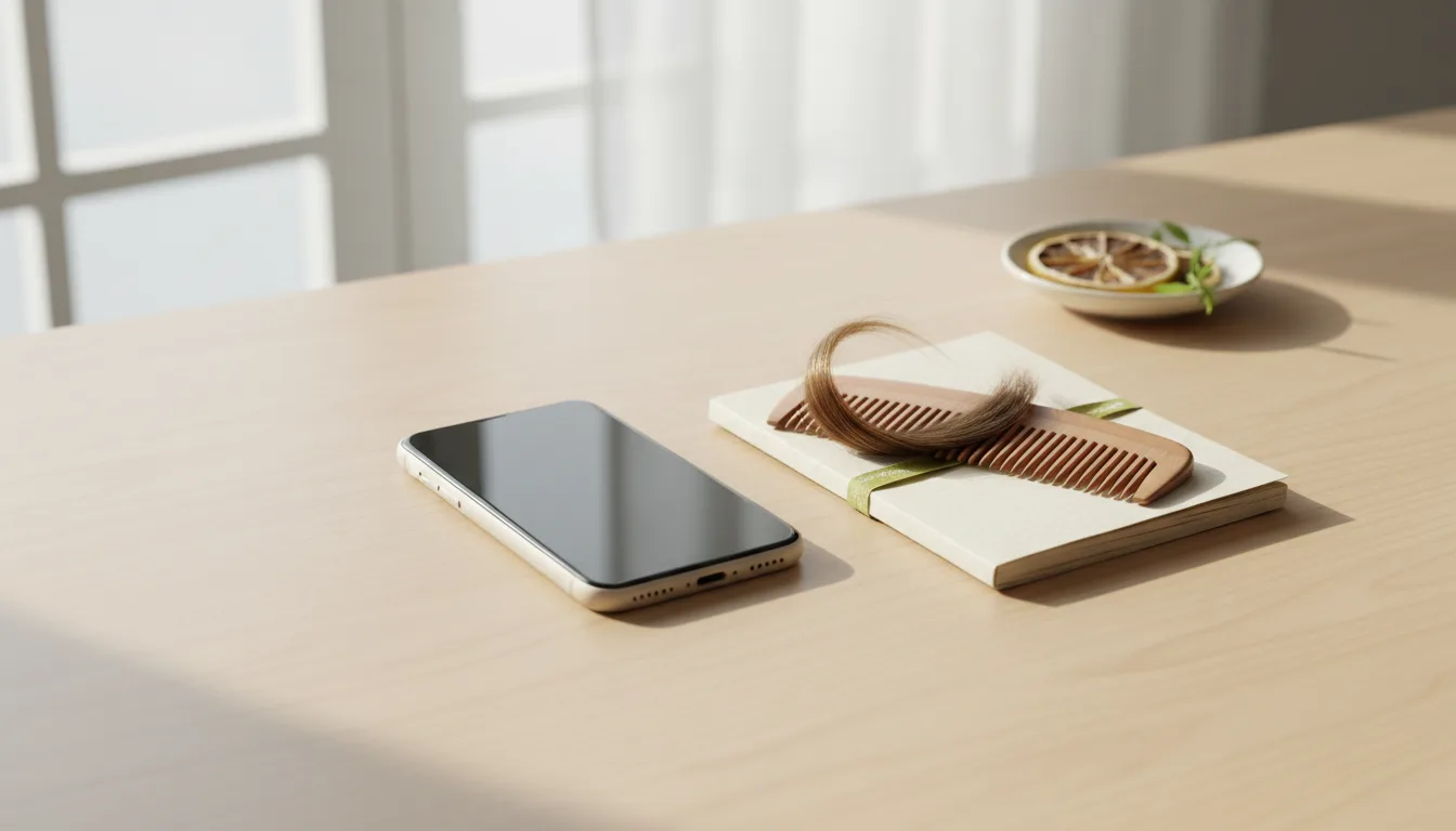 Phone face-down beside a wooden comb, blank booklet, and a small lock of hair — calmly reviewing a hair photo report