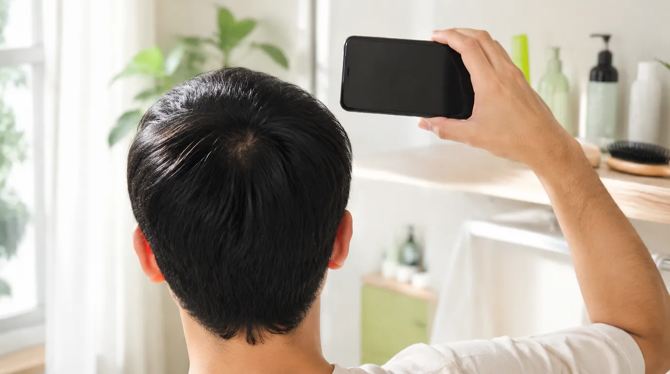 A man at a bathroom sink examining a single stray hair between his fingers under the light — checking whether it broke or was shed from the root