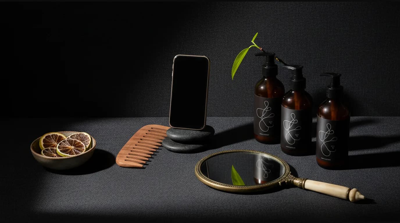 Phone on a stand beside a small mirror reflecting only hair texture and a wooden comb on a dark vanity — at-home hairline photo tracking