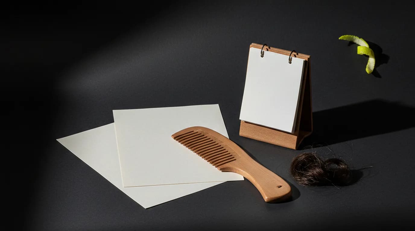 Wooden comb on blank papers beside a desk calendar and a small lock of hair on a dark surface — judging change over months with photos