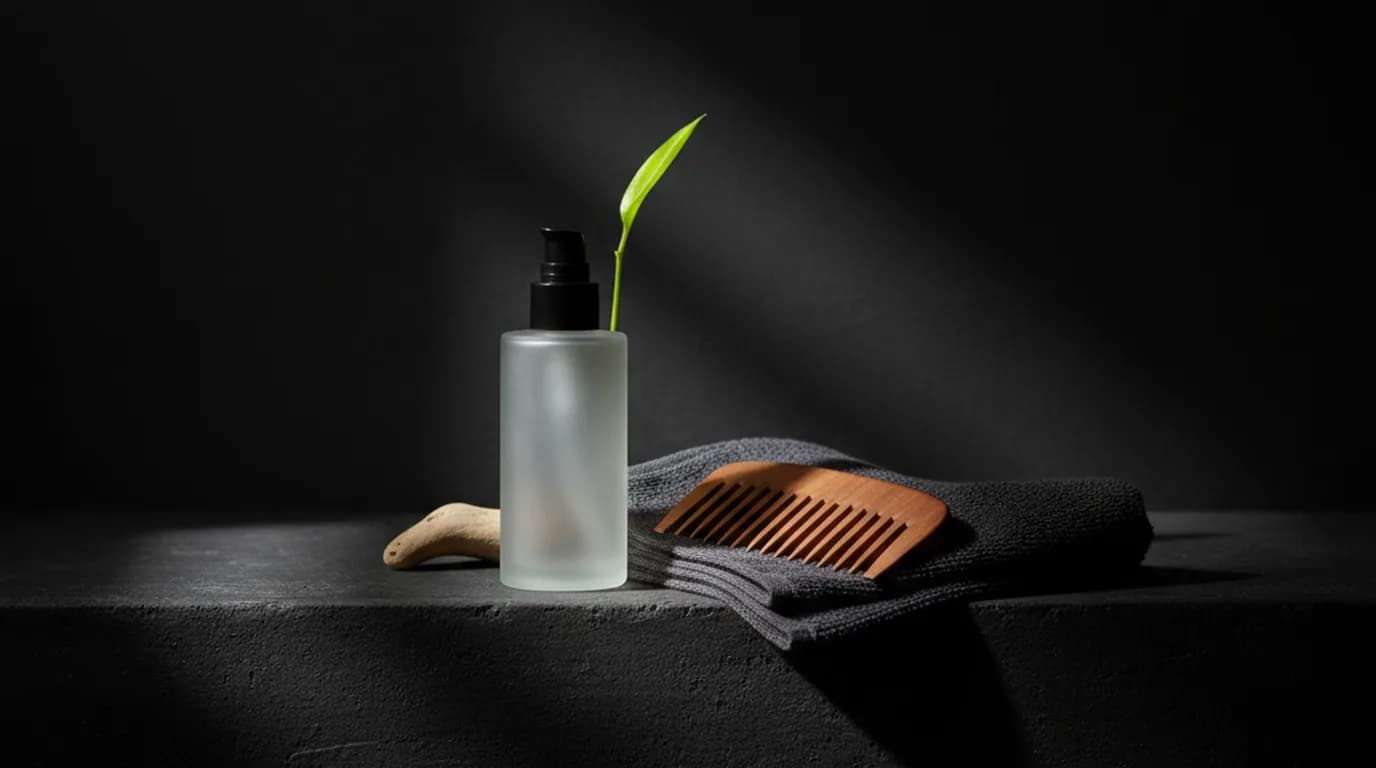 Frosted bottle, wooden comb, and folded dark towel on a charcoal bathroom ledge with a lemon-green plant tip — calm at-home scalp care