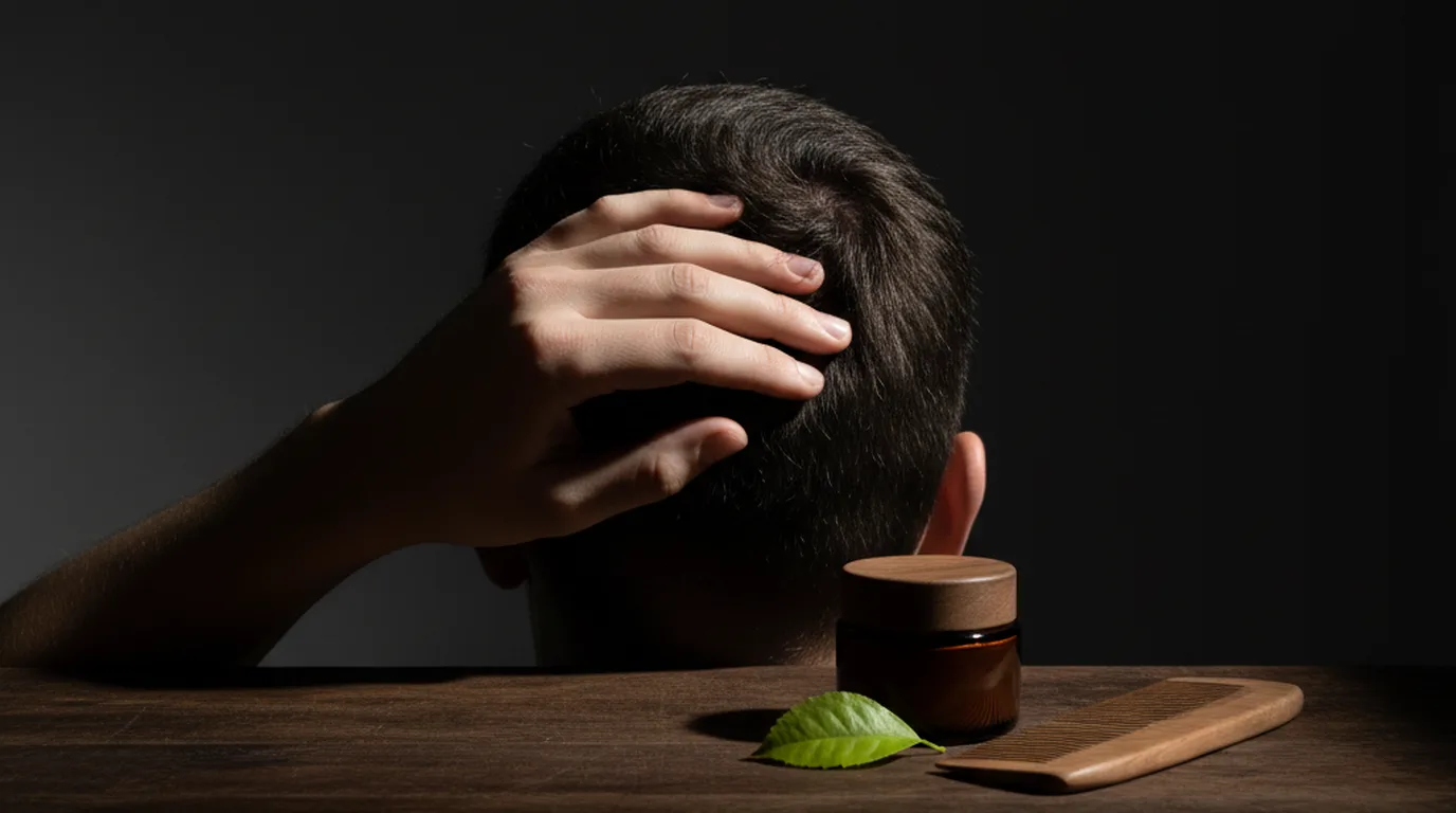 From behind, a hand checks the temple hairline in moody light with simple grooming items on a dark table — no face