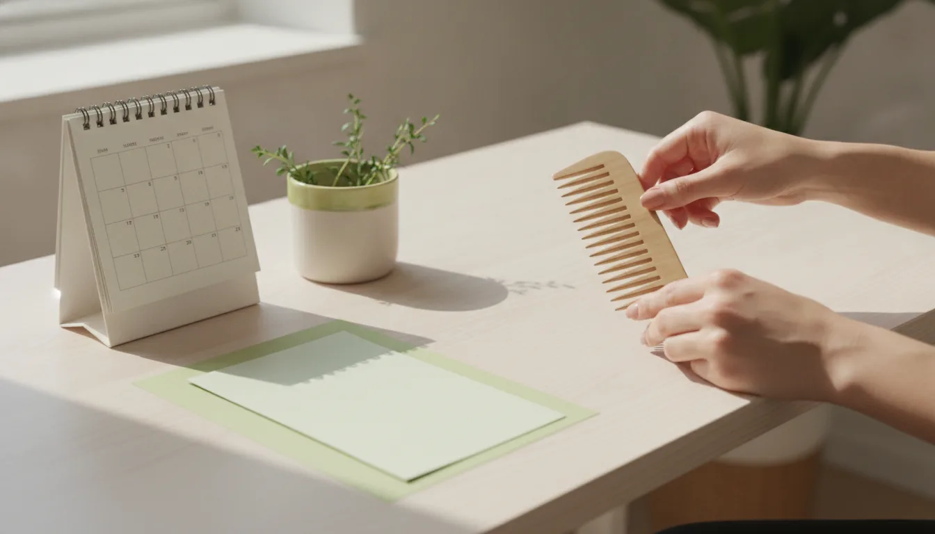 Hands holding a wooden comb beside a desk calendar and blank note cards — starting page one of a hair timeline