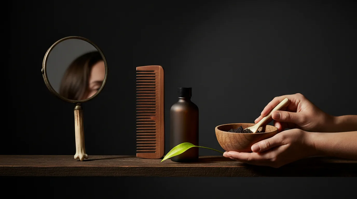 Round handheld mirror, wooden comb, and matte bottle on a dark shelf with a lemon-green accent — checking a hairline at home