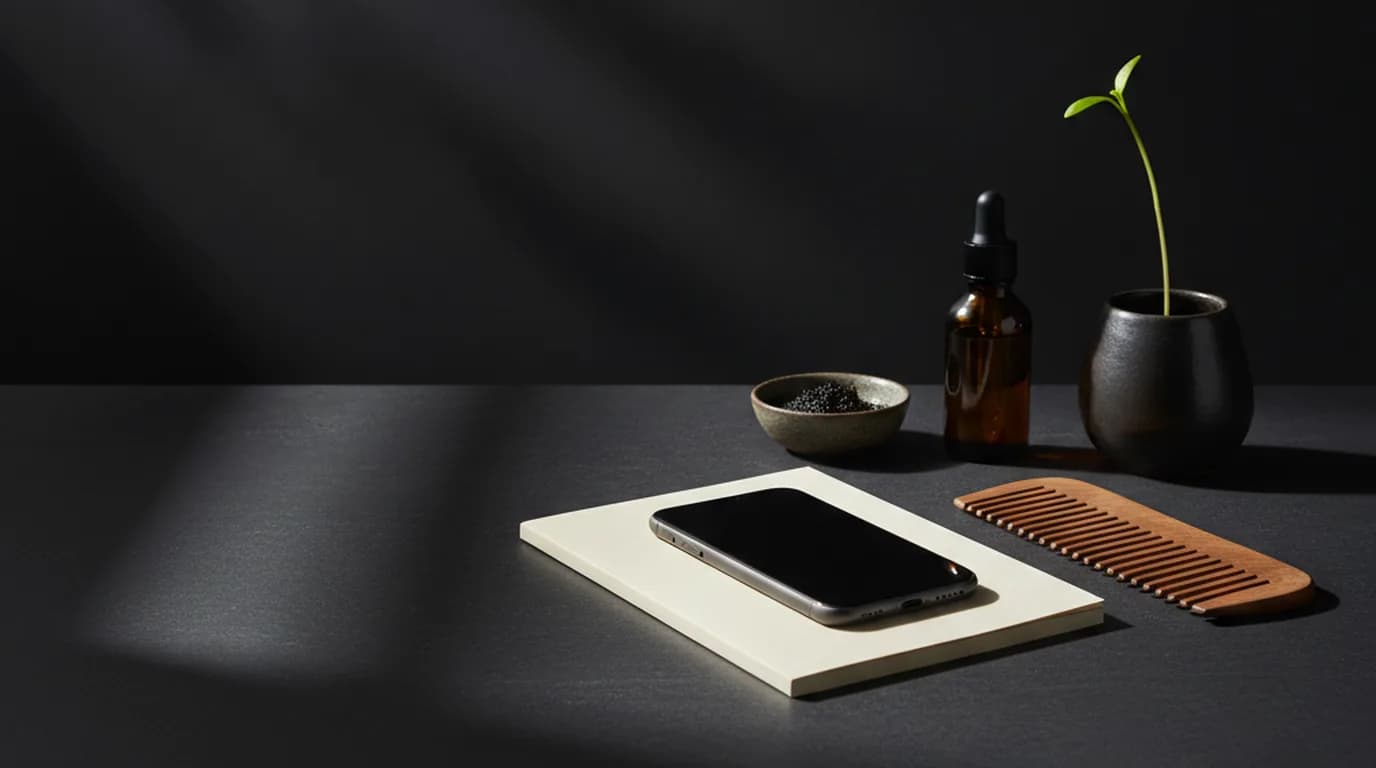 A phone lying on a pale notebook beside a wooden comb, a dropper bottle, and a small plant on a dark desk — no face