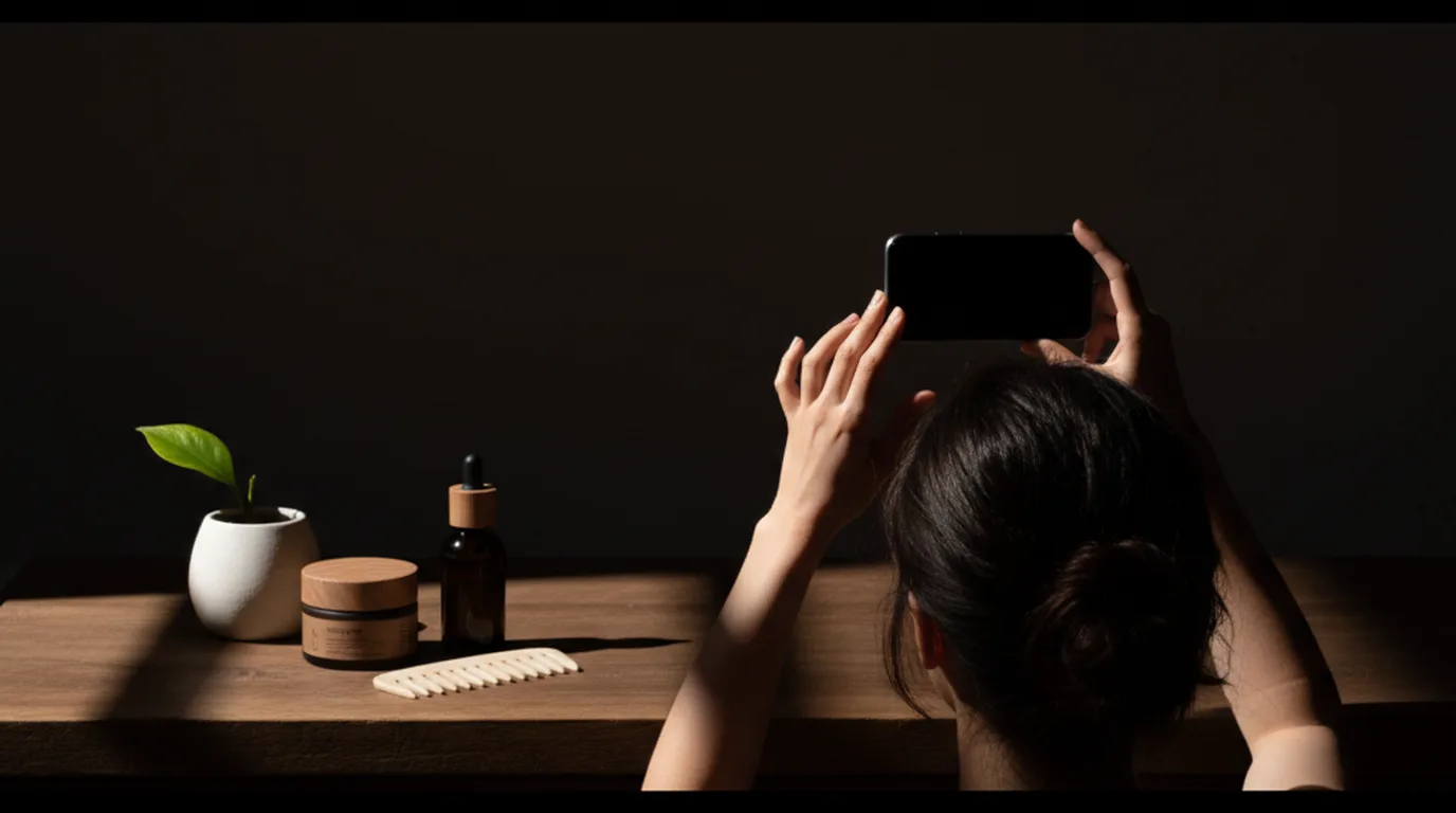 From behind, a person holds a phone toward the crown in a dim bathroom — what an at-home AI scalp scan looks at, no face