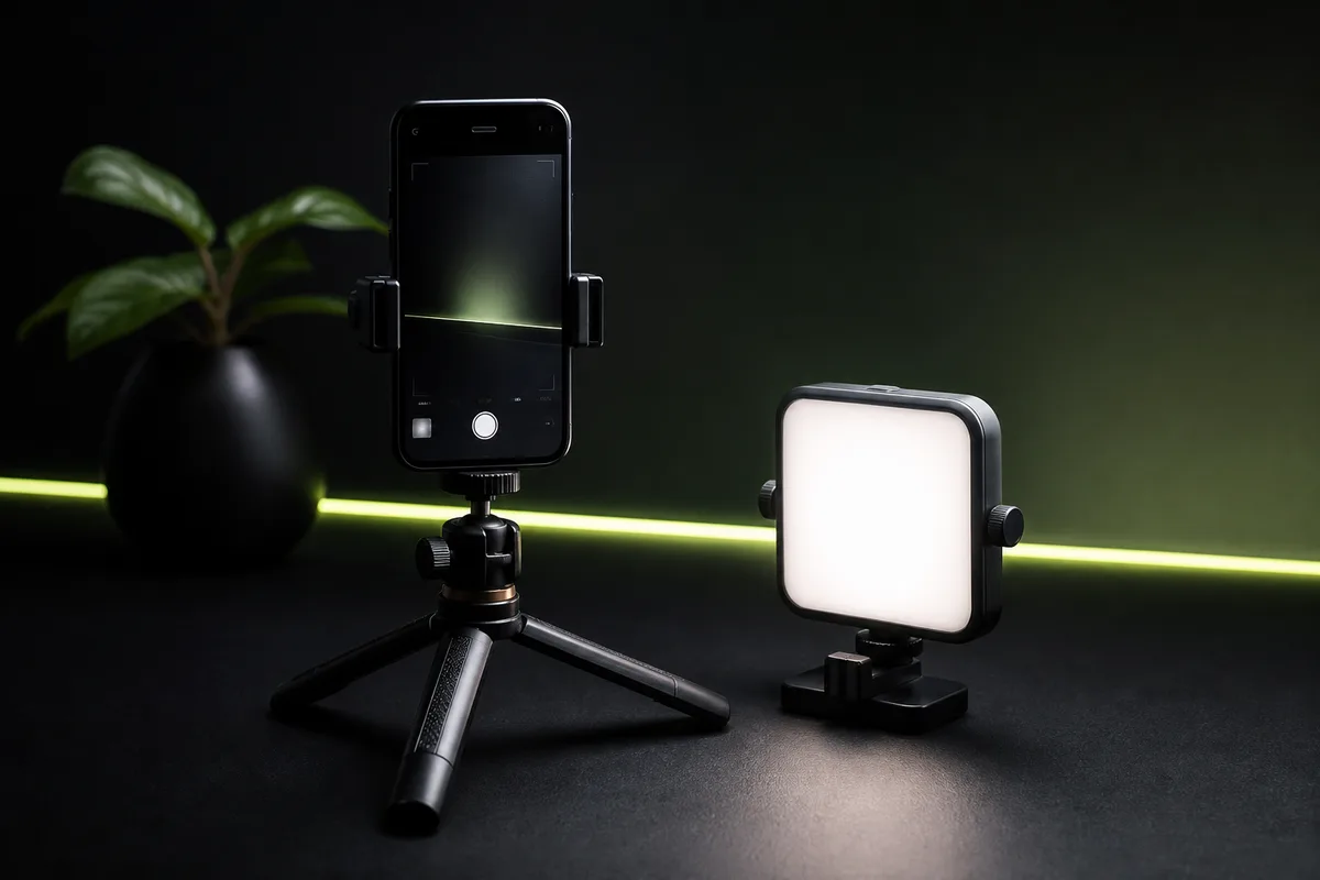 A phone on a small tripod facing a lit portable photo light on a dark desk with a lime-green accent line — no person