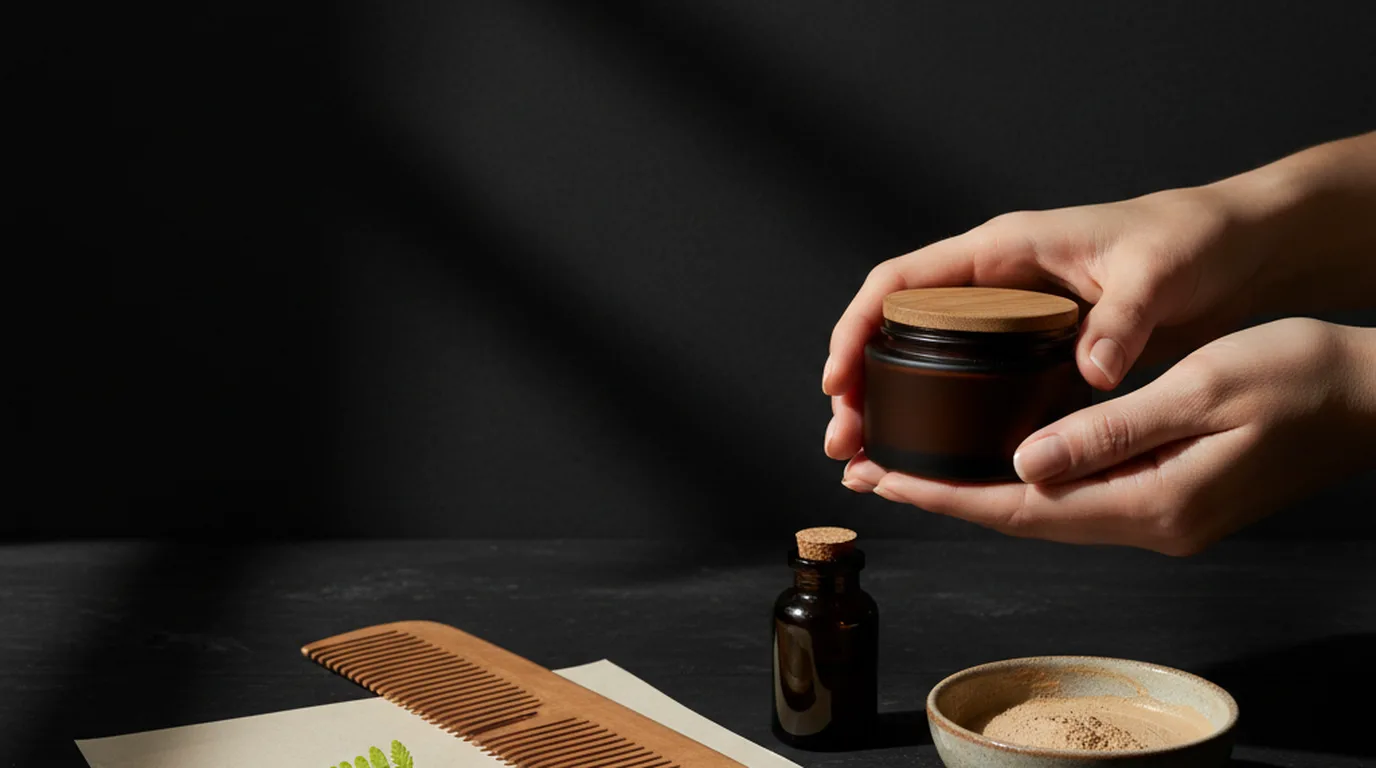 Hands holding a dark jar above a wooden comb, a small corked bottle, and a bowl of powder on a dark desk — no face