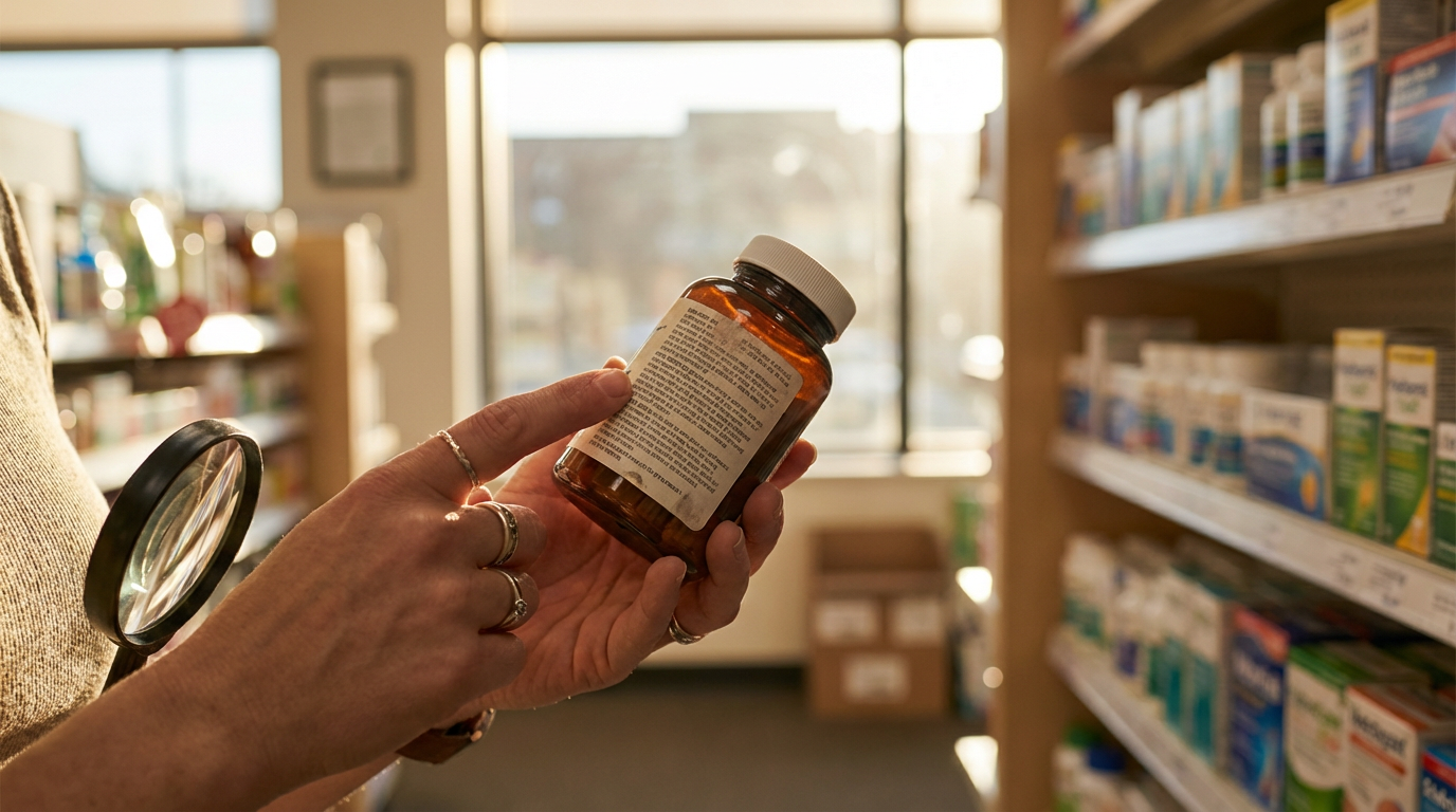 A person closely examining the ingredient label on a shampoo bottle.