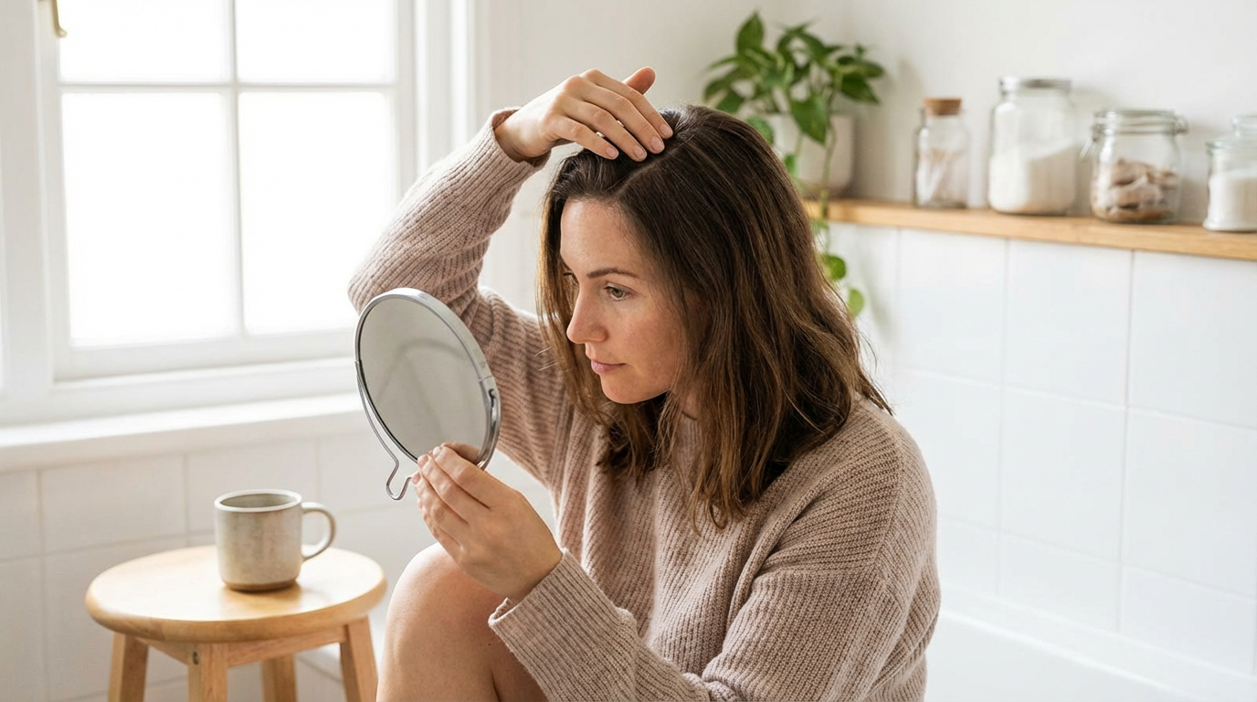 A person performing a scalp self-examination in a mirror.